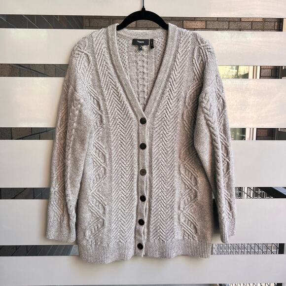 Theory Gray Wool Cashmere Cable Knit Cardigan Sweater Size S - Picture 2 of 5